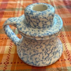 Country Blue And White Spongeware Candleholder With Handle Decor